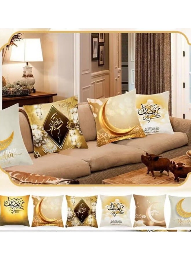 مجموعة من 6 أغطية وسائد رمضانية مزينة بنقوش القمر والفانوس، بحجم 45 × 45 سم لكل غطاء. مثالية لتزيين الأريكة أو السرير، وتضفي لمسة احتفالية وسحرية على ديكور المنزل خلال شهر رمضان. تصميم أنيق وعصري يجمع بين الجمال والعملية، ليصبح منزلك أكثر دفئًا وروعة في الشهر الكريم. - Image 4